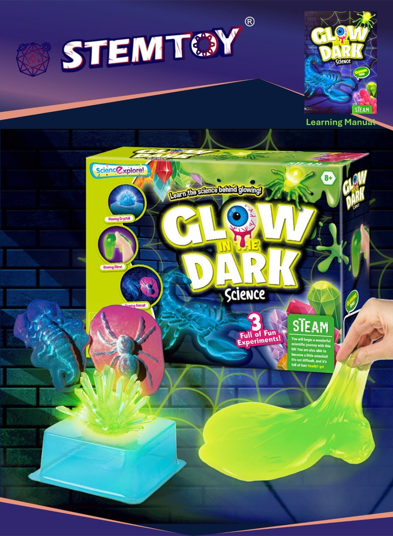 مجموعة تجارب العلوم المتوهجة في الظلام للأطفال – 3 تجارب ممتعة، تعلم العلوم وراء التألق، نمو بلورات متوهجة ليلية، صناعة عناكب وعقارب سلايم متوهجة في الظلام، ضوء UV مرفق، أنشطة STEM/STEAM تفاعلية للأطفال من الأولاد والبنات - Image 1