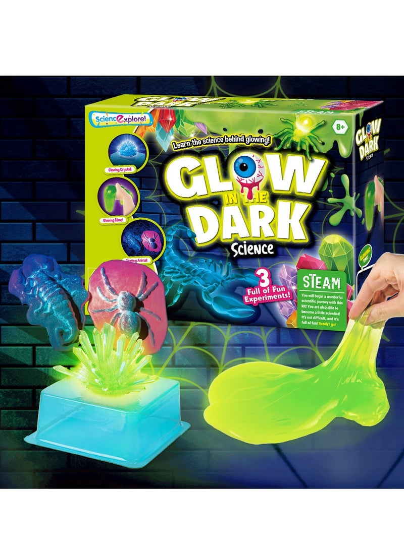 Glow in the Dark Science Kit for Kids – 3 Fun Experiments, Learn the Science Behind Glowing, Grow Night-Glow Crystals, Create Glow-in-the-Dark Slime Spiders & Scorpions, UV Light Included, Hands-On STEM/STEAM Activities for Boys & Girls