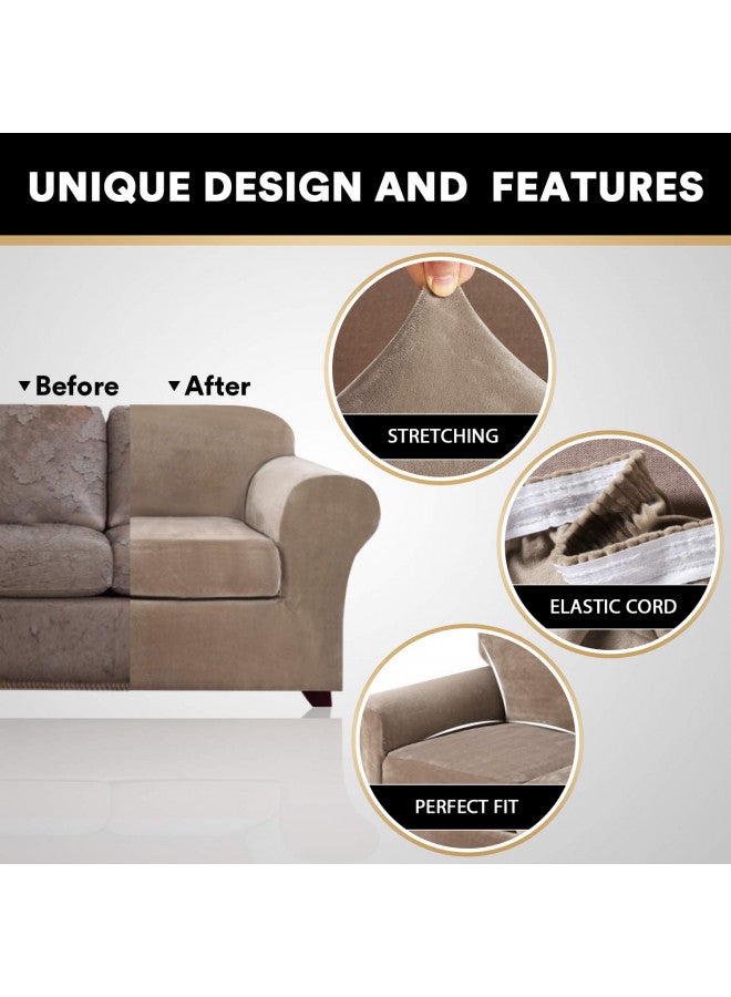 PrinceDeco 3 Pieces Couch Covers Soft Velvet Couch Covers for 2 Cushion Sofa Loveseat Covers Width Up to 72 Inch Anti Slip Love Seat Furniture Protector, Machine Washable(Medium, Taupe) - Image 1