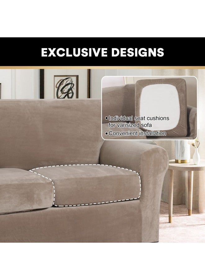 PrinceDeco 3 Pieces Couch Covers Soft Velvet Couch Covers for 2 Cushion Sofa Loveseat Covers Width Up to 72 Inch Anti Slip Love Seat Furniture Protector, Machine Washable(Medium, Taupe) - Image 3