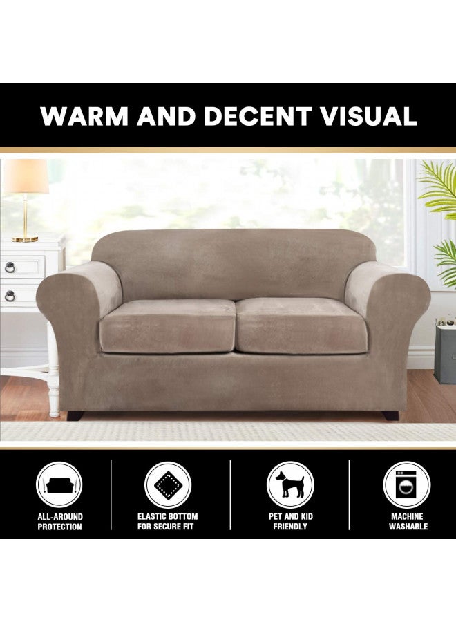 PrinceDeco 3 Pieces Couch Covers Soft Velvet Couch Covers for 2 Cushion Sofa Loveseat Covers Width Up to 72 Inch Anti Slip Love Seat Furniture Protector, Machine Washable(Medium, Taupe) - Image 4