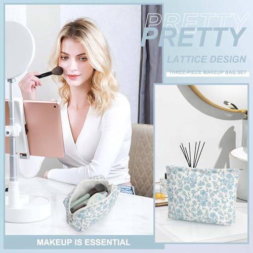 EIMMBD Makeup Bag 3 Pieces Large Capacity Cosmetic Bag Travel Toiletry Bag Organizer Cute Makeup Bag Pouch Storage Bag for Women(Blue White) - Image 5
