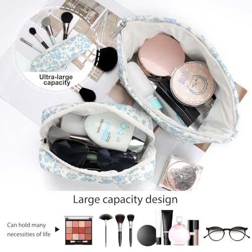 EIMMBD Makeup Bag 3 Pieces Large Capacity Cosmetic Bag Travel Toiletry Bag Organizer Cute Makeup Bag Pouch Storage Bag for Women(Blue White) - Image 3