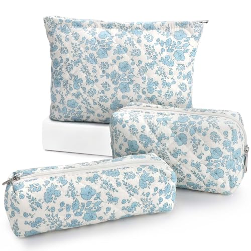 EIMMBD Makeup Bag 3 Pieces Large Capacity Cosmetic Bag Travel Toiletry Bag Organizer Cute Makeup Bag Pouch Storage Bag for Women(Blue White) - Image 1