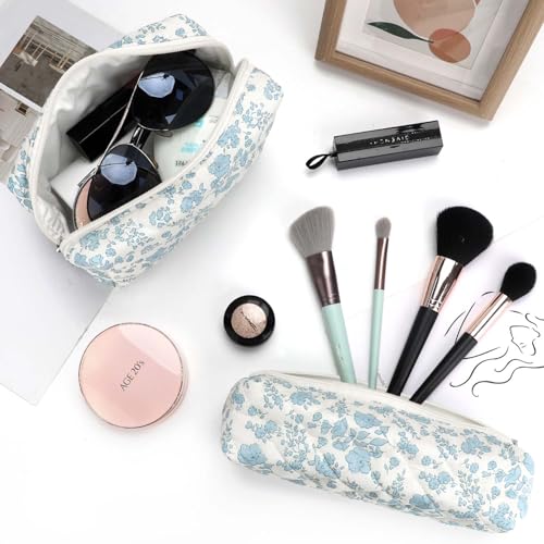 EIMMBD Makeup Bag 3 Pieces Large Capacity Cosmetic Bag Travel Toiletry Bag Organizer Cute Makeup Bag Pouch Storage Bag for Women(Blue White) - Image 2