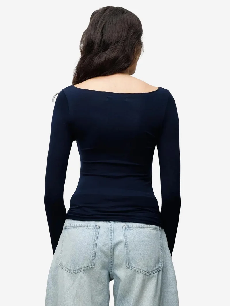Mixray Navy Blue MIXRAY Slim Fit Boat Neck Blouse for Women | Best Price UAE