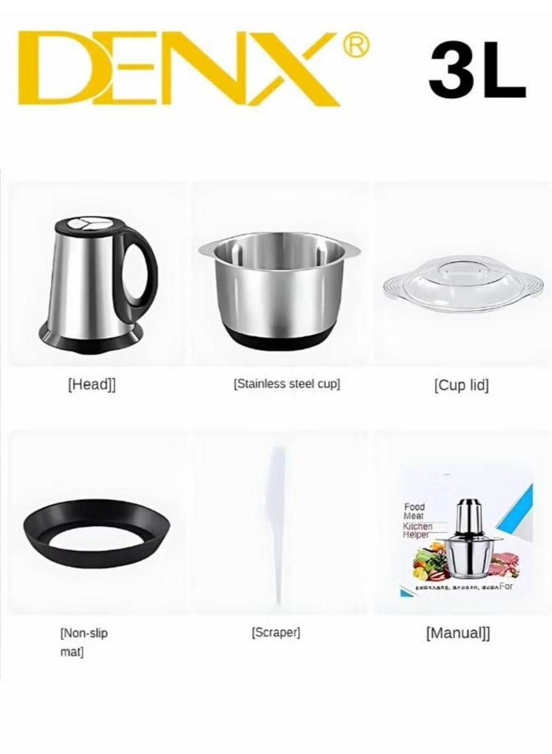 DENX DX3206 Multi-Purpose Electric Meat And Vegetable Grinder, 850W Power, Large 3L Stainless Steel Bowl, Two-Speed Control, Four Sharp Blades, Secure Lock Safety Design – Perfect For Mincing Meat, Chopping Vegetables, Fruits, Nuts, And Preparing Sauces - Image 3