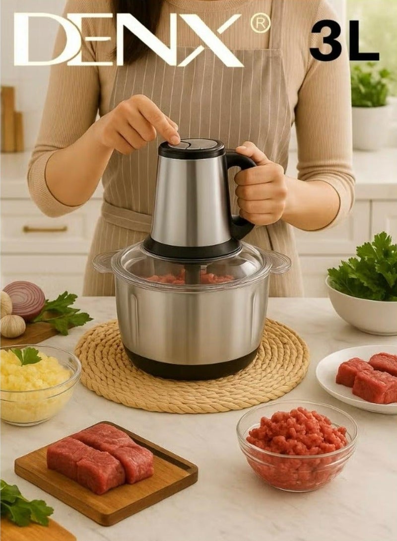 DENX DX3206 Multi-Purpose Electric Meat And Vegetable Grinder, 850W Power, Large 3L Stainless Steel Bowl, Two-Speed Control, Four Sharp Blades, Secure Lock Safety Design – Perfect For Mincing Meat, Chopping Vegetables, Fruits, Nuts, And Preparing Sauces - Image 2