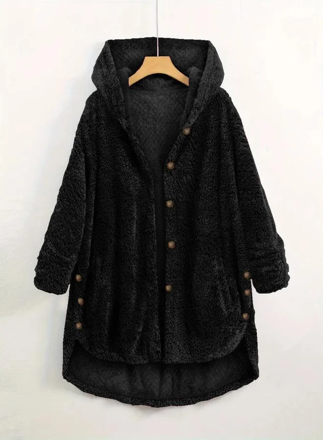 تايك تو معطف بغطاء رأس بأزرار من الصوف مقاس كبير