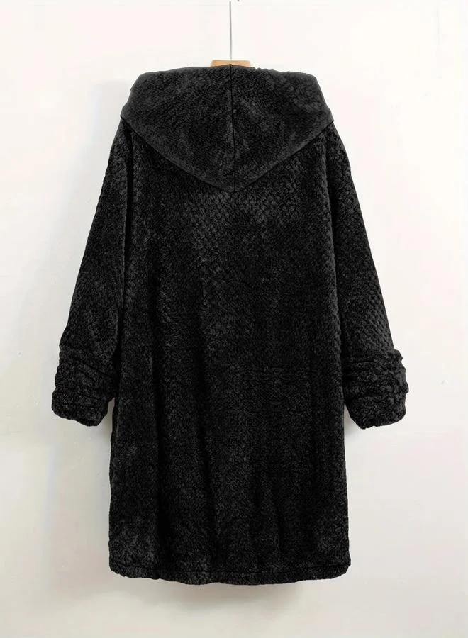 تايك تو معطف بغطاء رأس بأزرار من الصوف مقاس كبير