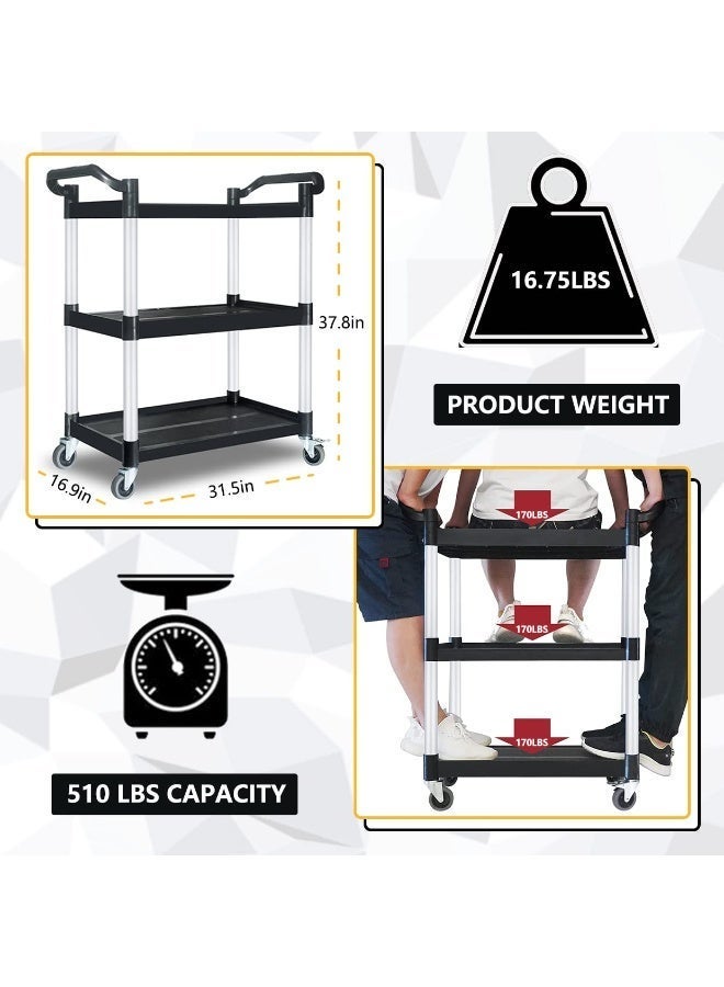 TrustMate Black 3-Tier Stainless Steel Utility Serving Cart –Locking Wheels, Heavy-Duty 300 lb Capacity, Large 377"×24.4"×15.7" - Image 3