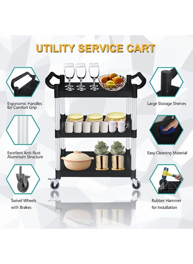 TrustMate Black 3-Tier Stainless Steel Utility Serving Cart –Locking Wheels, Heavy-Duty 300 lb Capacity, Large 377"×24.4"×15.7" - Image 2