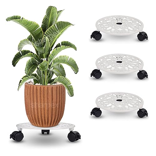Sharpex Pack of 4 Metal Caddy Iron Dolly on Round Rack Rustproof Sturdy Potted Indoor Outdoor Plant Stand/Trolley With Locking Wheels for Balcony, Living Room, Home and Garden (White) - Image 1