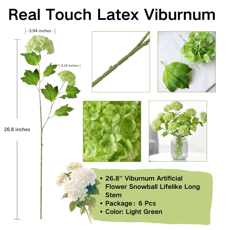 ASTRYAS 6 Pcs 26.8'' Faux Snowball Viburnum Hydrangea Flowers Green Long Stem Real Touch Hydrangea Christmas Flower for Home Decoration Table Centerpieces Floral Arrangements - Image 2