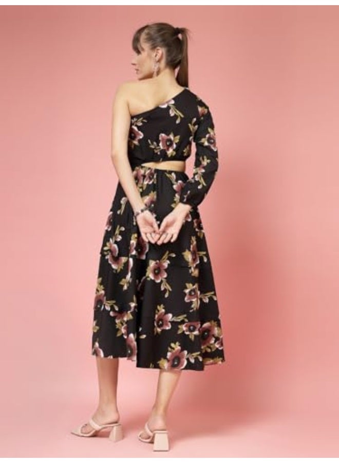 Oomph! فستان ميدي من الكريب بكتف واحد مطبوع من أومف! للنساء - Image 4