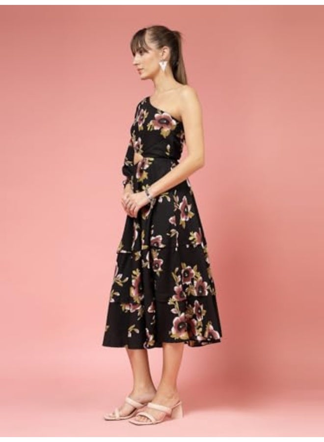 Oomph! فستان ميدي من الكريب بكتف واحد مطبوع من أومف! للنساء - Image 3