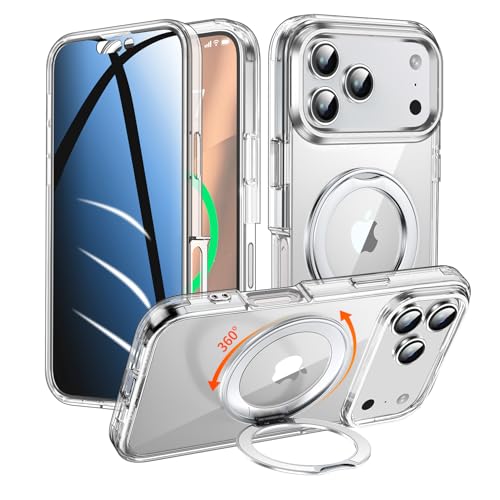 WASTROYAL Privacy Case for iPhone 17 Pro with 360°Stand [Built-in Anti Peeping Screen Protector] [Magnetic Ring ] Full Body Protective Phone 17Pro Cover 6.3", Clear - Image 1