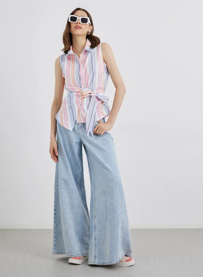 تايك تو Take Two Striped Sleeveless Wrap Top with Tie Up Detail