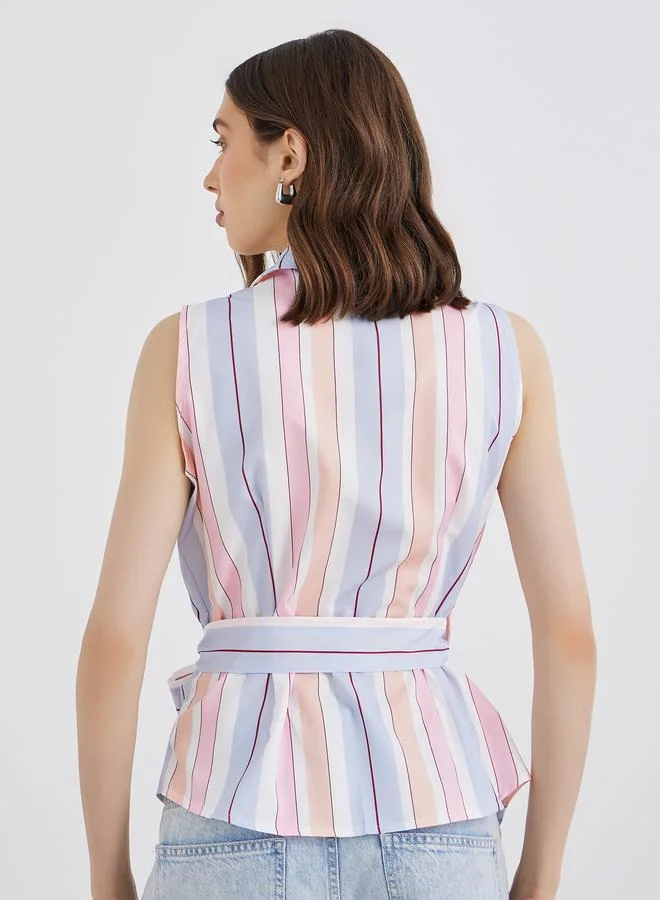 Take Two Take Two Striped Sleeveless Wrap Top with Tie Up Detail