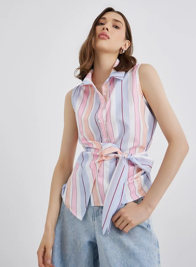 Take Two Striped Sleeveless Wrap Top with Tie Up Detail