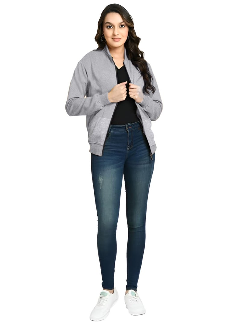 LEOTUDE Women's Standard Length Casual Jacket For Loose Fit Drop Shoulder Loopknit Bomber Jacket With Zipper Closure And Side Pockets(GRL_JKT02_GREY_P_Grey_XL) - Image 4