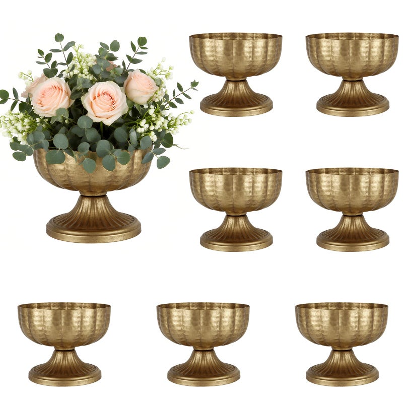 ASHELYULLA Retro Gold Vases for Centerpieces Set of 8 Brass Metal Vases for Flowers Decorative Pedestal Bowl for Table Centerpieces Floral Arrangments on Housewarming Wedding Party - Image 1