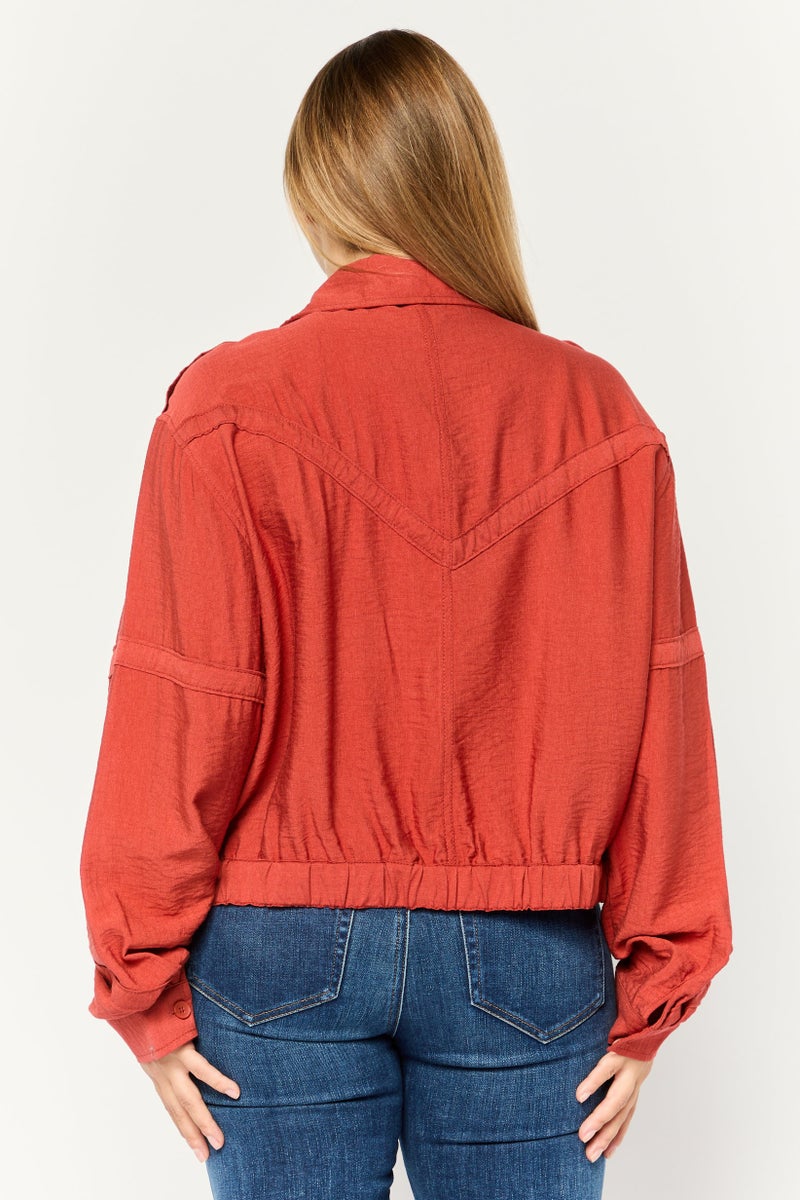 DKNY Women Plain Full Zip Shirt Jacket, Rust Red  - Image 4