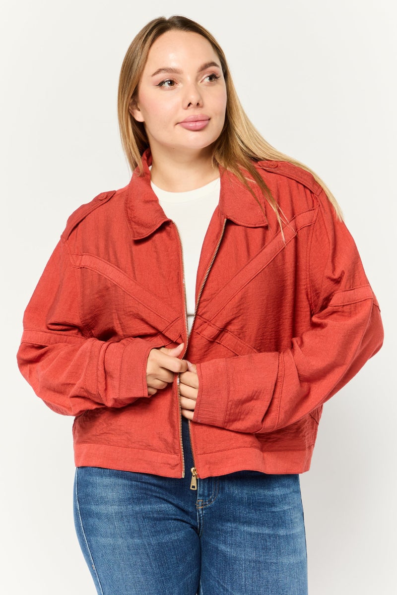DKNY Women Plain Full Zip Shirt Jacket, Rust Red  - Image 1