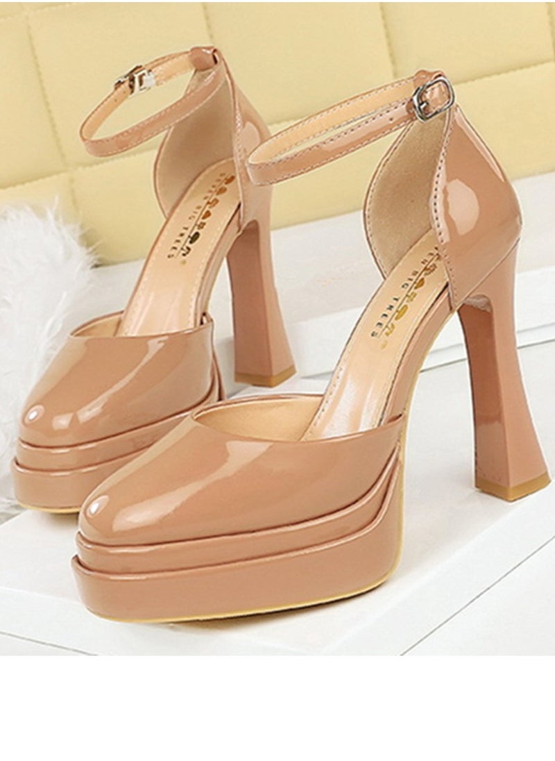 BIGTREE Womens Platform Chunky High Heels Round Closed Toe With Ankle Strap Pumps Beige 11.5CM  - Image 1
