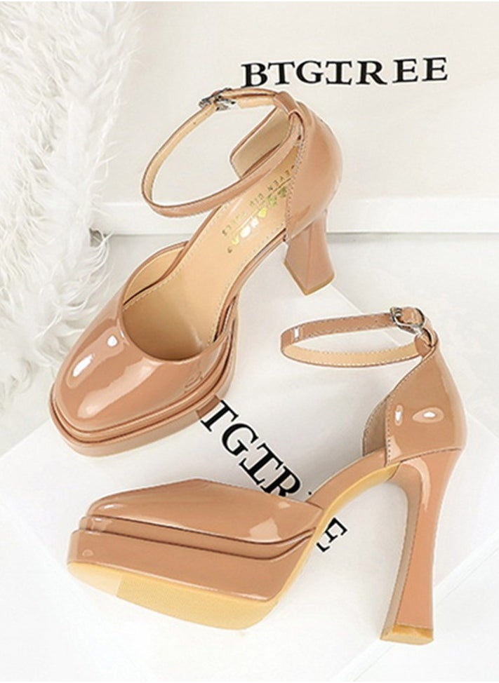 BIGTREE Womens Platform Chunky High Heels Round Closed Toe With Ankle Strap Pumps Beige 11.5CM  - Image 3