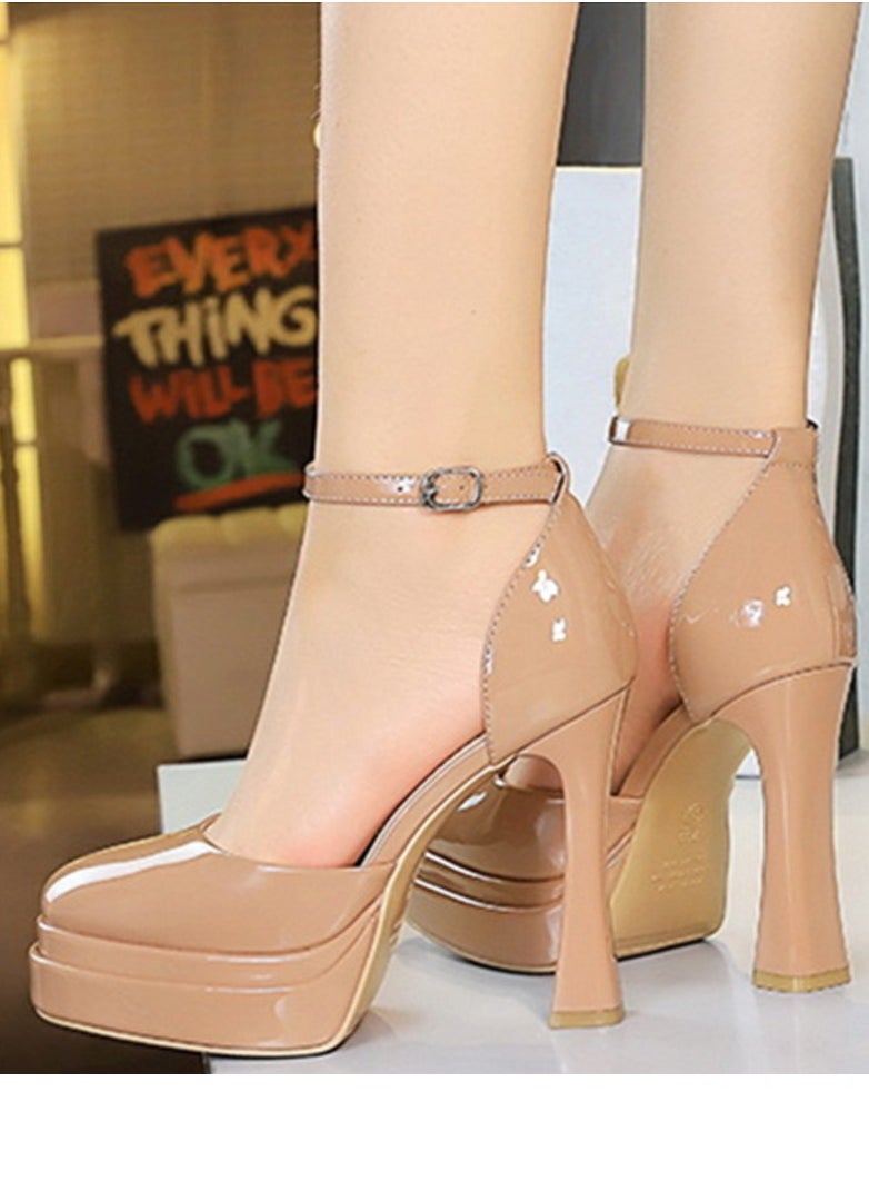 BIGTREE Womens Platform Chunky High Heels Round Closed Toe With Ankle Strap Pumps Beige 11.5CM  - Image 4