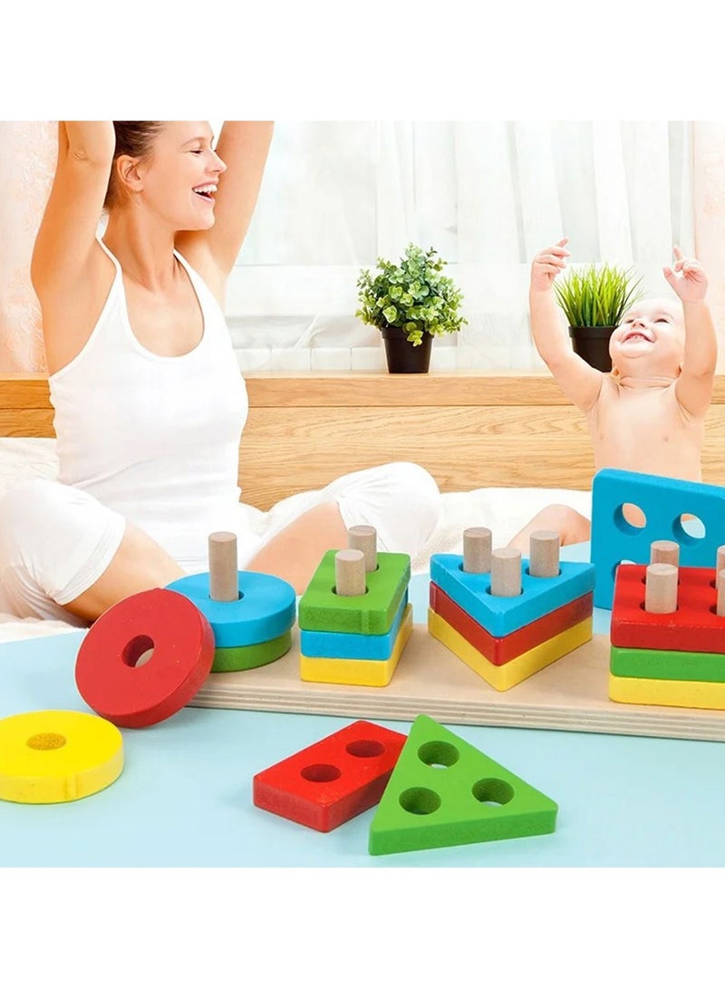 REBEKA Wooden Sorting & Stacking Geometry Sleeve Toys, Multi Color Shape Recognition Geometric Blocks Matching Puzzle with Lacing String, Educational Preschool Learning Board Colourful Game for Gift - Image 2