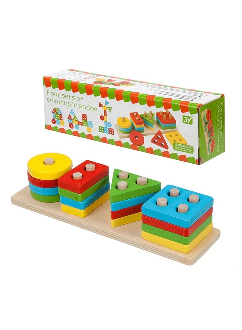 REBEKA Wooden Sorting & Stacking Geometry Sleeve Toys, Multi Color Shape Recognition Geometric Blocks Matching Puzzle with Lacing String, Educational Preschool Learning Board Colourful Game for Gift - Image 1