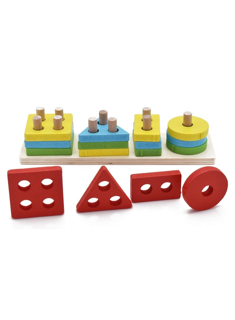 REBEKA Wooden Sorting & Stacking Geometry Sleeve Toys, Multi Color Shape Recognition Geometric Blocks Matching Puzzle with Lacing String, Educational Preschool Learning Board Colourful Game for Gift - Image 3