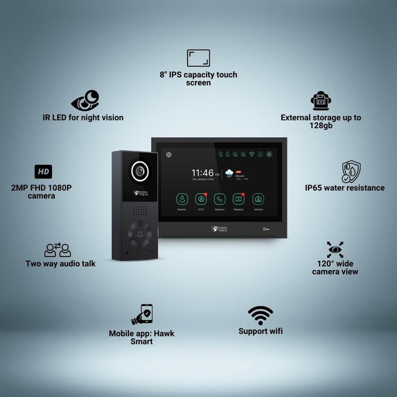 Hawk Vision Network Based Video Door PhoneBell with 8 inch LCD Screen Wired TwoWay Intercom Instant Phone Visitor Video Call Night Vision and Remote Access for Advanced Home Security - Image 3
