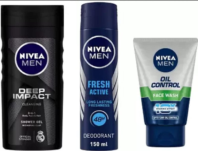Nivea Men Deep Impact Shower Gel 250 Ml, Men Fresh Active Deodorant Spray 150 ML,Oil Control Face Wash 100 Ml #332 (3 Items in the set)