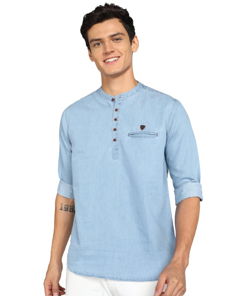 Kuons Avenue Men's Denim Casual Short Kurta (KACLFS1169Y-L_Icewash Blue_Large) - Image 1