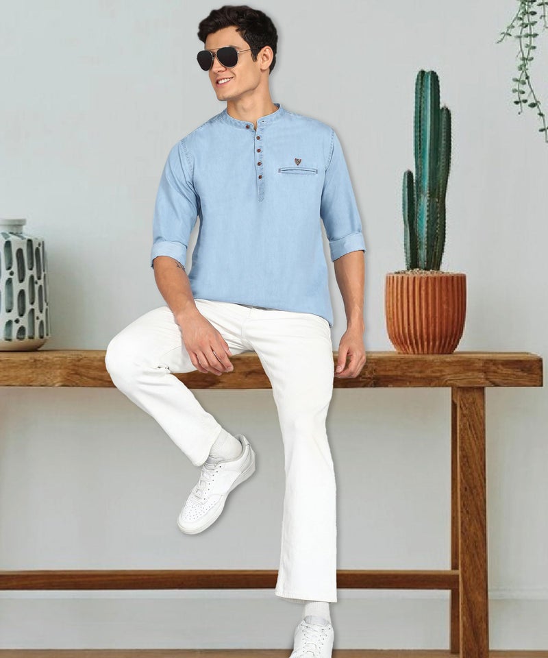 Kuons Avenue Men's Denim Casual Short Kurta (KACLFS1169Y-L_Icewash Blue_Large) - Image 3