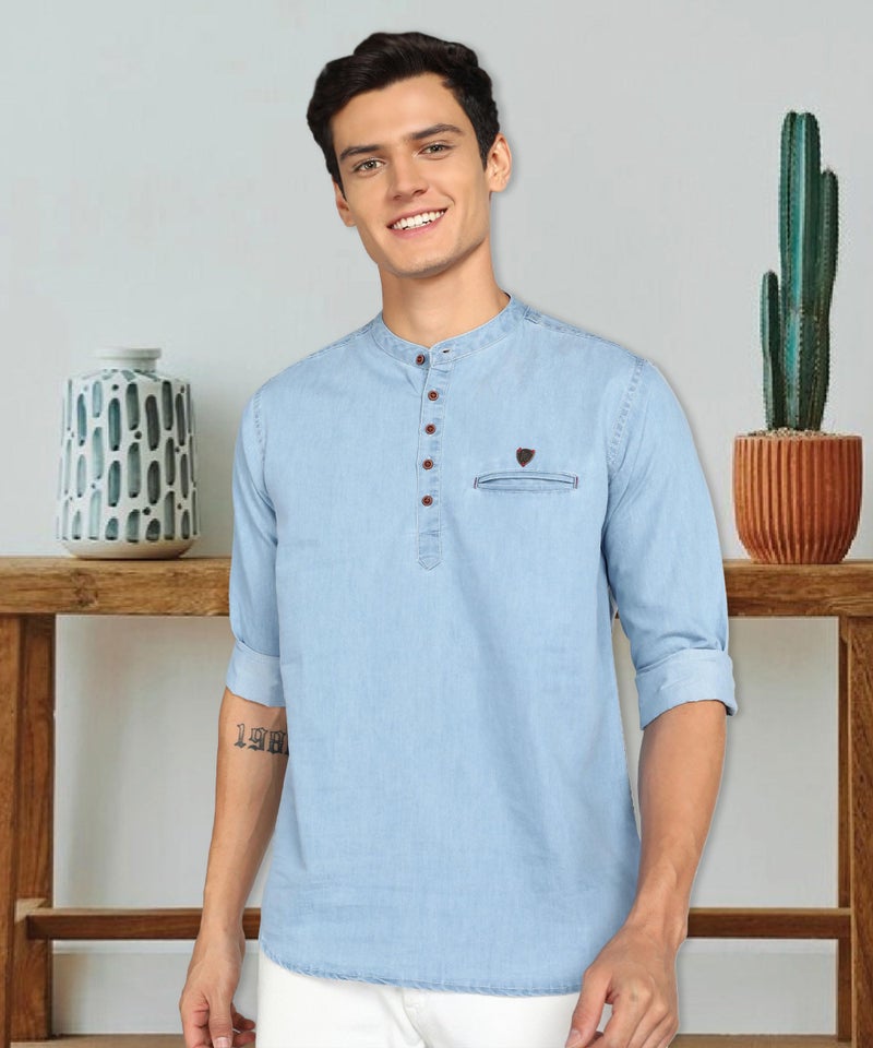Kuons Avenue Men's Denim Casual Short Kurta (KACLFS1169Y-L_Icewash Blue_Large) - Image 4