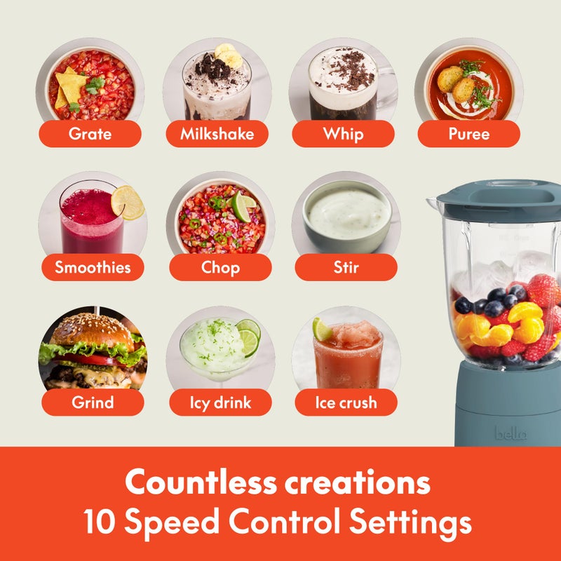 bella 10 Speed Countertop Blender, Juicer & Smoothie Maker, Fits-anywhereâ„¢ Kitchenware, Slim Flip & Store Design, Dishwasher Safe 48oz Capacity Pitcher & Lid, Stainless Steel Blade, 450 Watt, Surf - Image 5