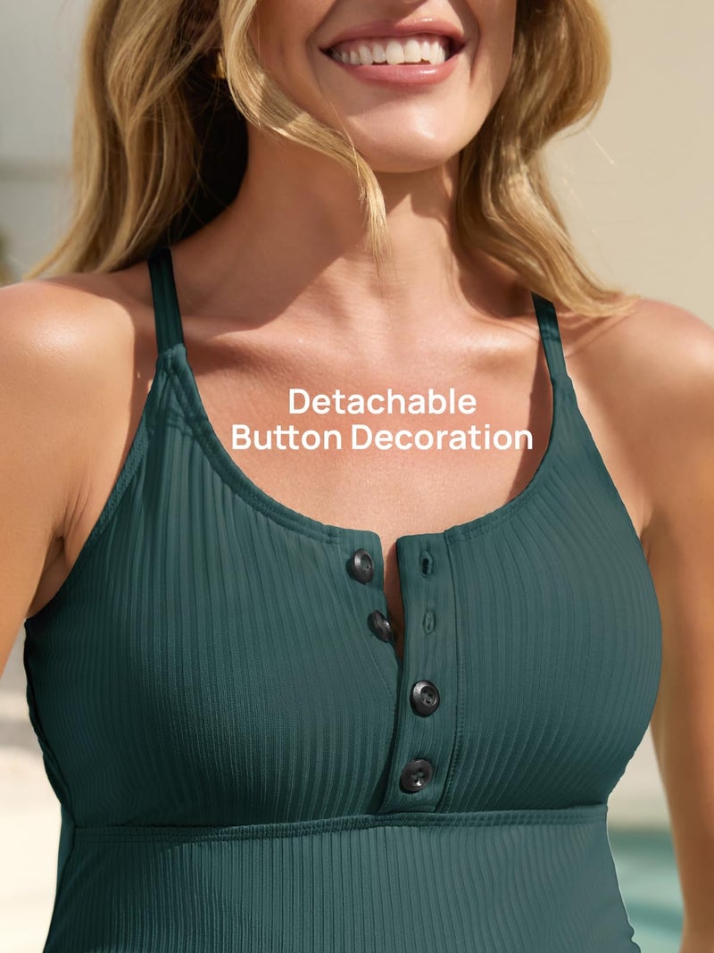 Summer Mae Maternity Swimsuit One Piece Bathing Suit Button Neck Cross Back Green M - Image 4