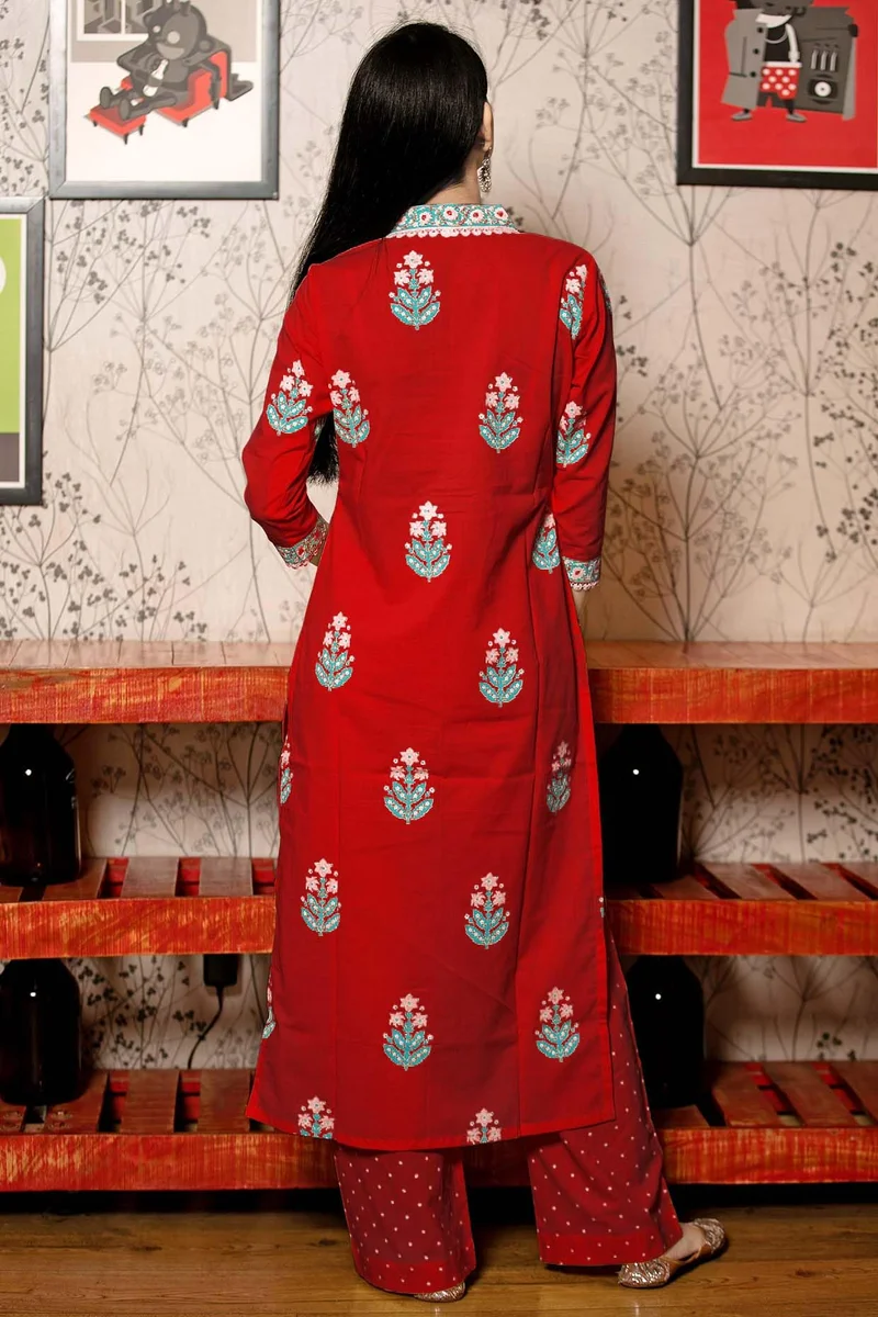 جو سريكي كورتا مستقيمة مطبوعة من GoSriKi من الرايون الفيسكوز مع بنطال ودوباتا (Belagavi أحمر GS_5XL_Red_XXXXX-كبير)
