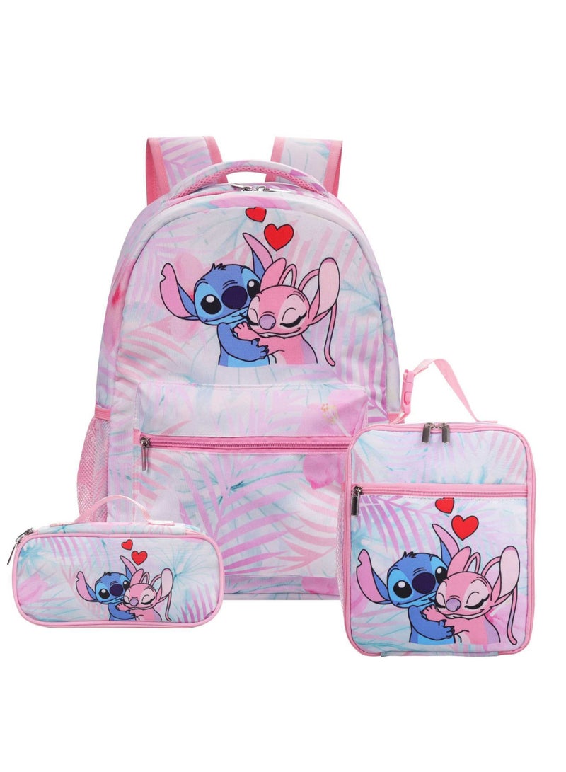 ستيتش حقيبة ظهر ستيتش كارتونية لطلاب المدارس الابتدائية والثانوية، مقاس 30*40*17 سم + حقيبة غداء 21*26*11 سم + حقيبة أقلام - Image 1
