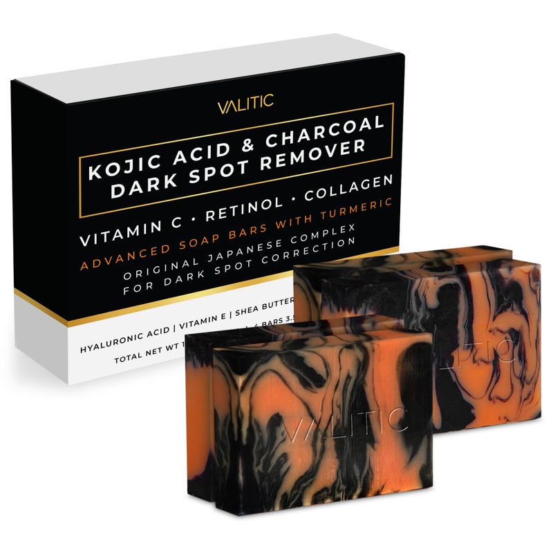 VALITIC Charcoal Kojic Acid Turmeric Black Soap Bar Dark Spot Remover for Body or Face Wash - 4 Pack - Image 1