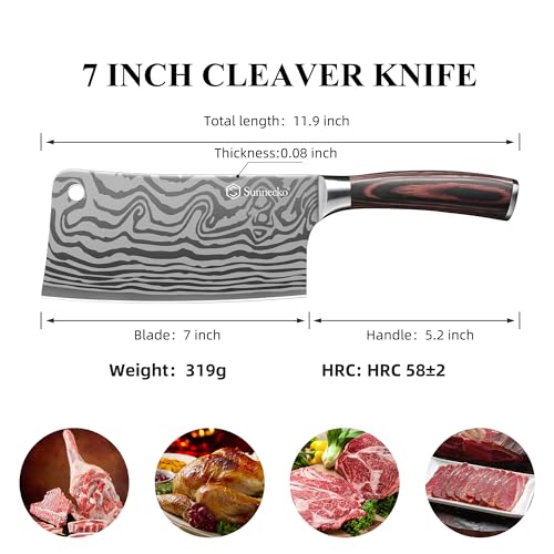 Sunnecko 7” Cleaver Knife Stays Sharp Longer – Multipurpose Meat Cleaver Knife High Carbon Steel – Powerful Chinese Cleaver Butcher Knife with Sheath & Gift Box for Meat Cutting and Vegetable Slicing - Image 5