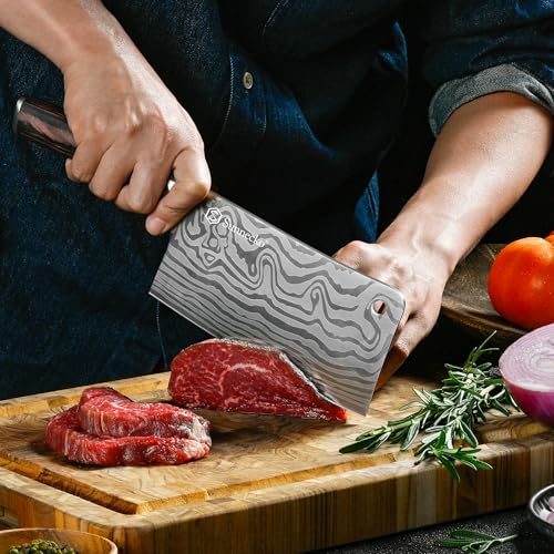 Sunnecko 7” Cleaver Knife Stays Sharp Longer – Multipurpose Meat Cleaver Knife High Carbon Steel – Powerful Chinese Cleaver Butcher Knife with Sheath & Gift Box for Meat Cutting and Vegetable Slicing - Image 3