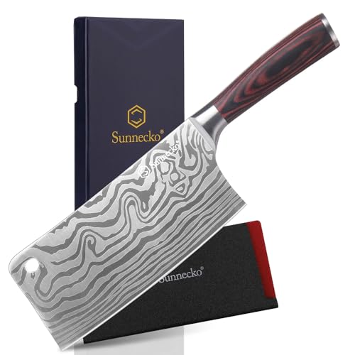 Sunnecko 7” Cleaver Knife Stays Sharp Longer – Multipurpose Meat Cleaver Knife High Carbon Steel – Powerful Chinese Cleaver Butcher Knife with Sheath & Gift Box for Meat Cutting and Vegetable Slicing - Image 1