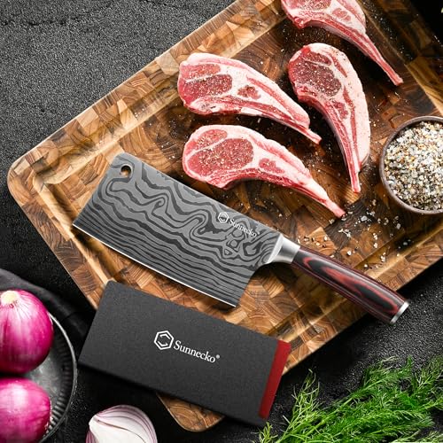 Sunnecko 7” Cleaver Knife Stays Sharp Longer – Multipurpose Meat Cleaver Knife High Carbon Steel – Powerful Chinese Cleaver Butcher Knife with Sheath & Gift Box for Meat Cutting and Vegetable Slicing - Image 2