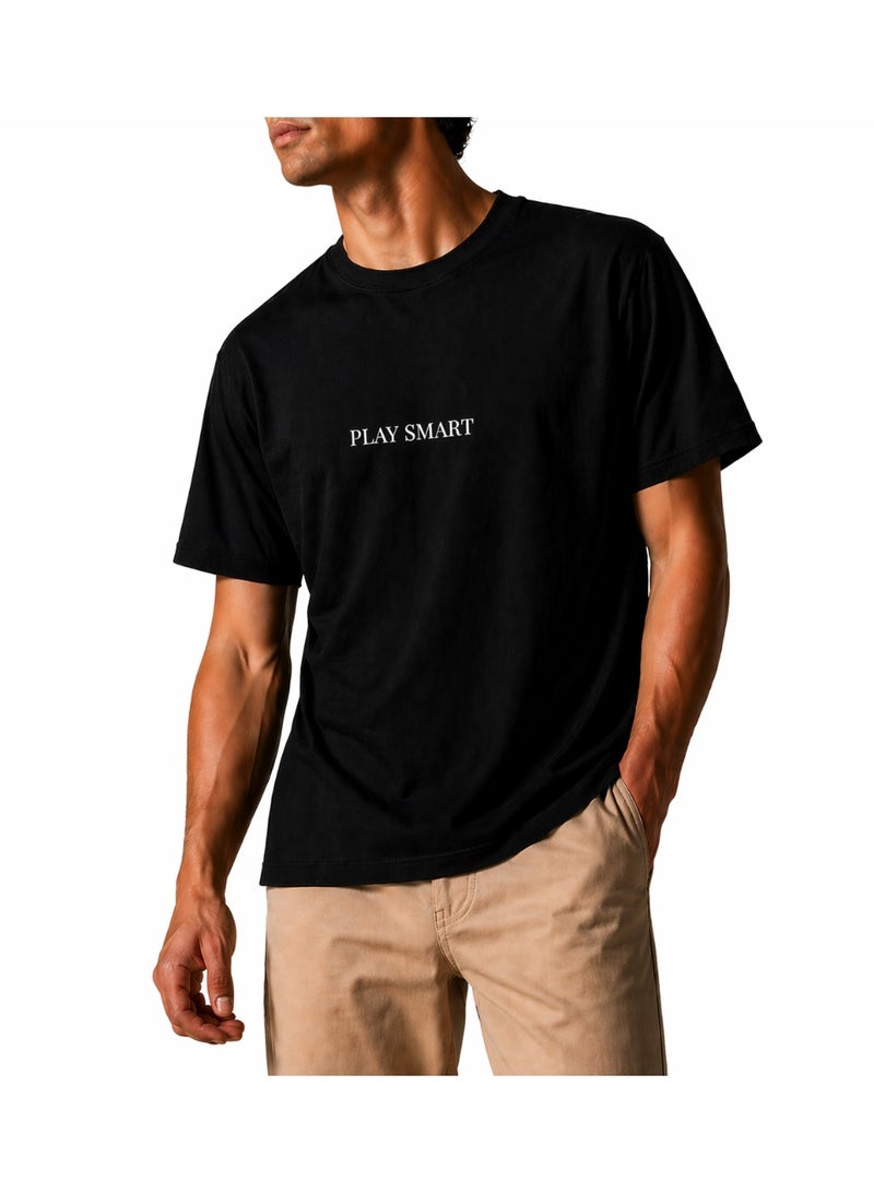 Men's Relax Fit Cotton T-Shirt with "Play Smart" Logo Print - Black - Image 1