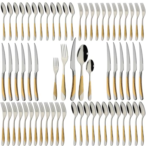 X-zrew Gold Silverware Set 60-Piece Stainless Steel Flatware Cutlery Set Service for 12 Kitchen Tableware Utensil Set Includes Knives Spoons Forks For Home Kitchen Restaurant - Image 1